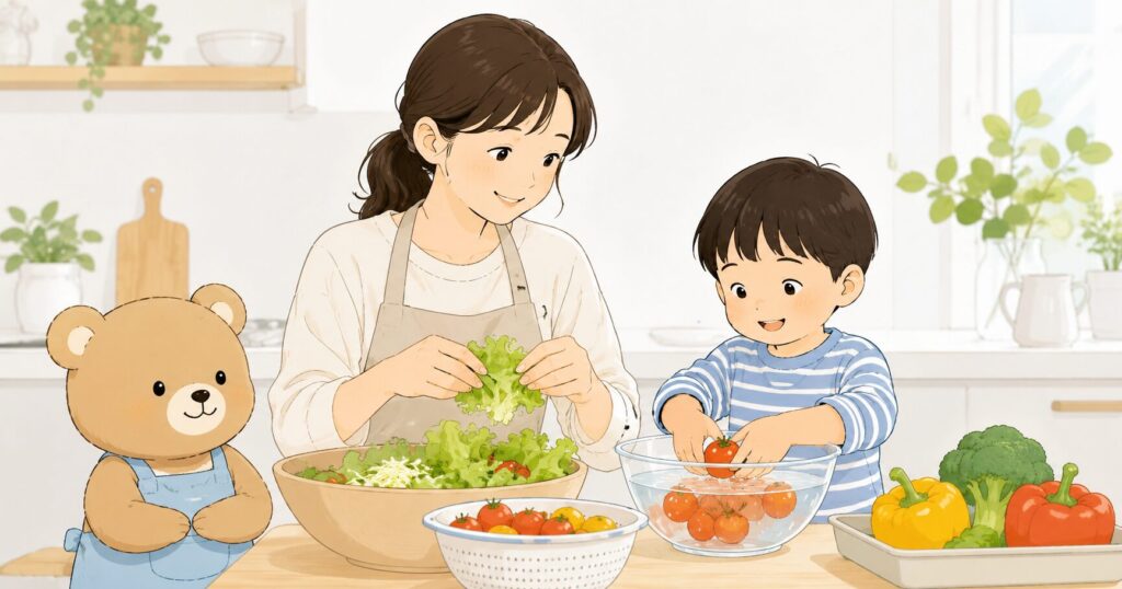 親子で野菜に触れながら家庭で小さな食育を楽しむイラスト