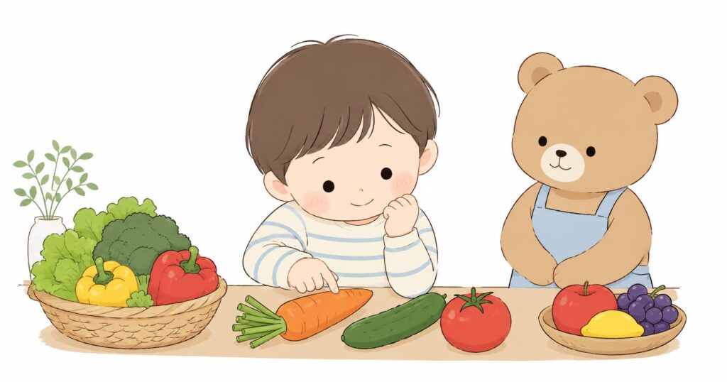野菜を見たり触ったりする子どもを栄養士くまさんが見守るイラスト