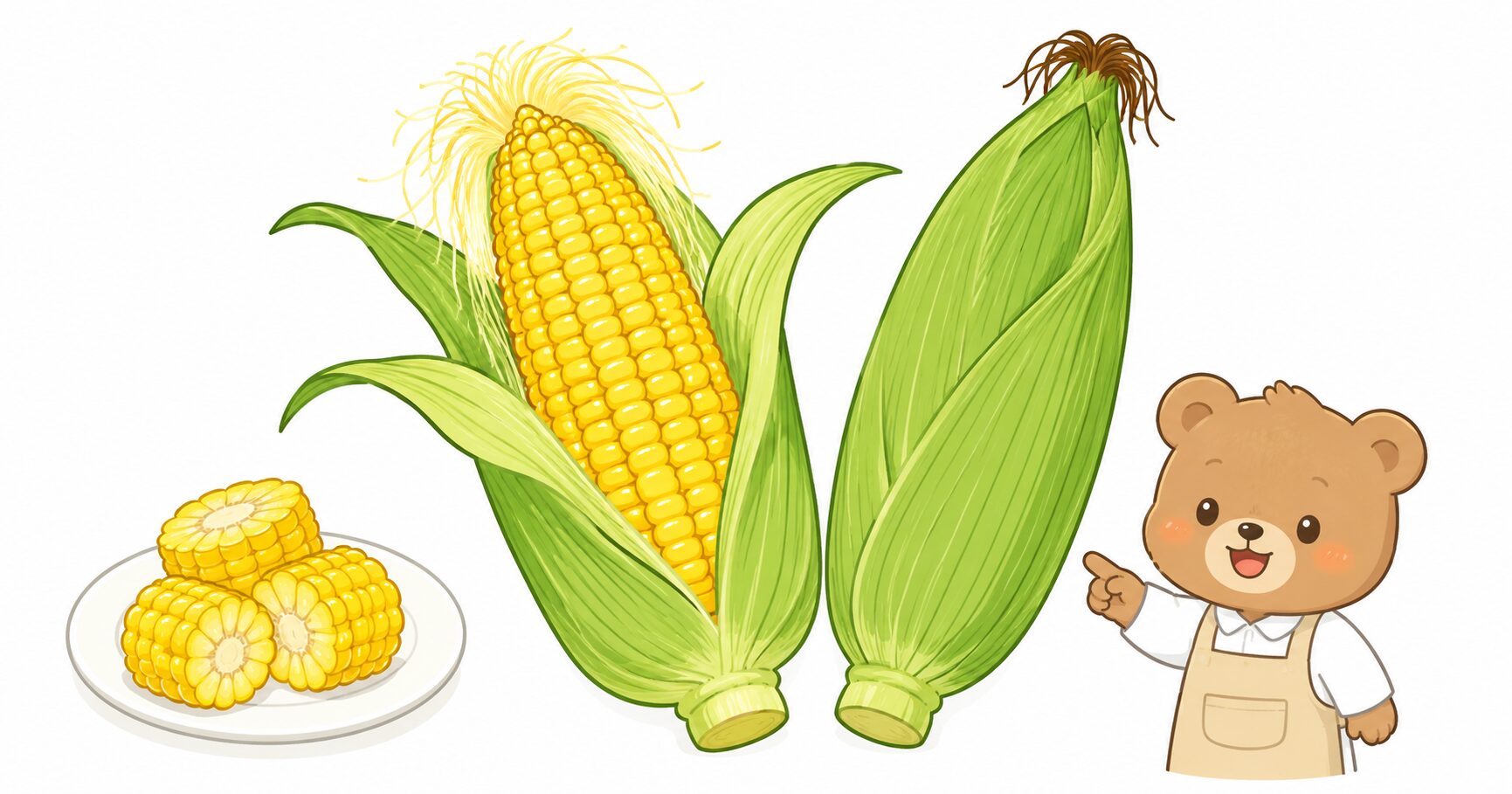 皮つきとうもろこしと皮をむいたとうもろこしで夏の食育を楽しむイラスト