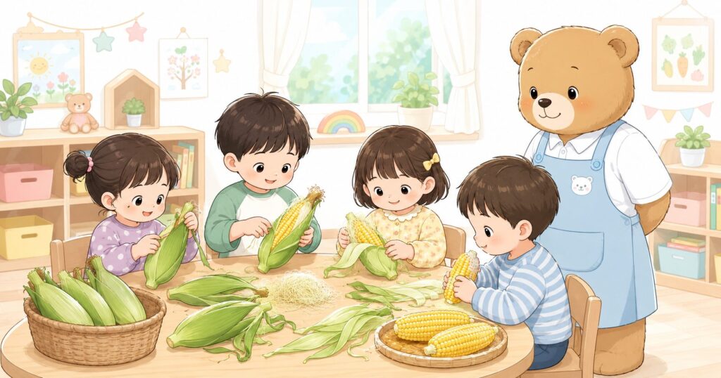 保育園で子どもたちがとうもろこしの皮むきをしている様子を栄養士くまさんが見守るイラスト