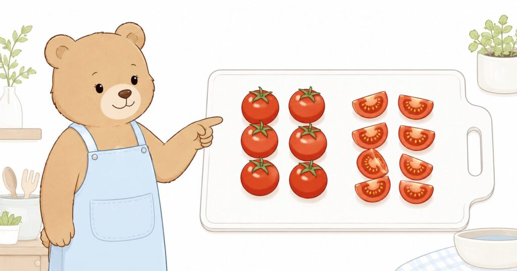 淡いブルーのエプロンをしたくまさんが、まな板の上でミニトマトを4等分に切っているイラスト
