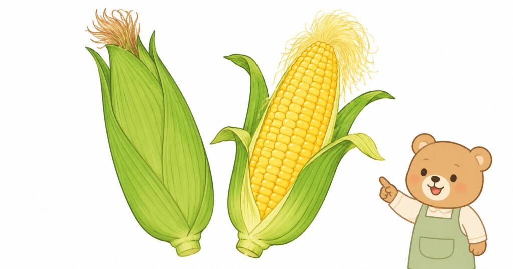 皮つきとうもろこしと皮をむいたとうもろこしの食育イラスト
