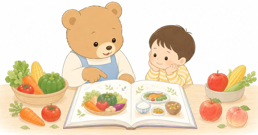 栄養士くまさんと子どもが食育絵本を一緒に見ながら、野菜や食事の話をしているイラスト