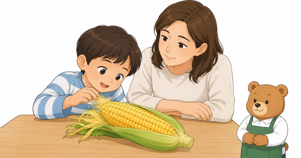 とうもろこしを見ながら食育をするイラスト