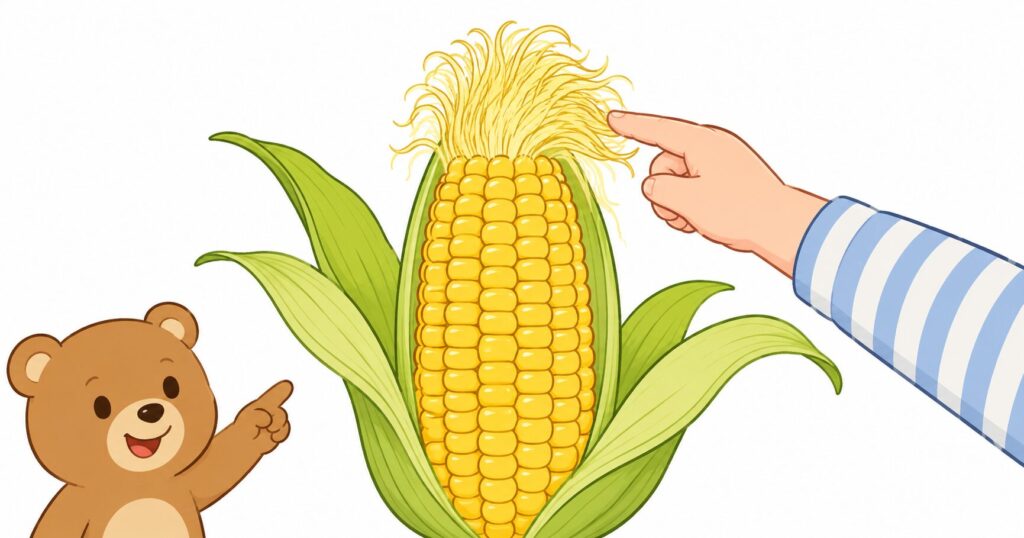 とうもろこしのひげと粒を観察するイラスト
