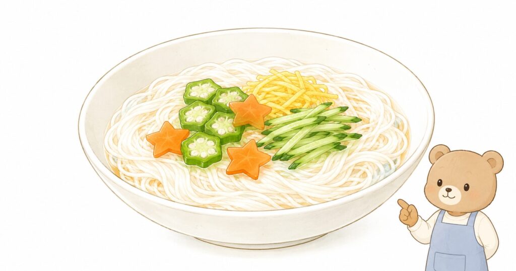 七夕そうめんにオクラや星形野菜を添えた家庭向けのイラスト