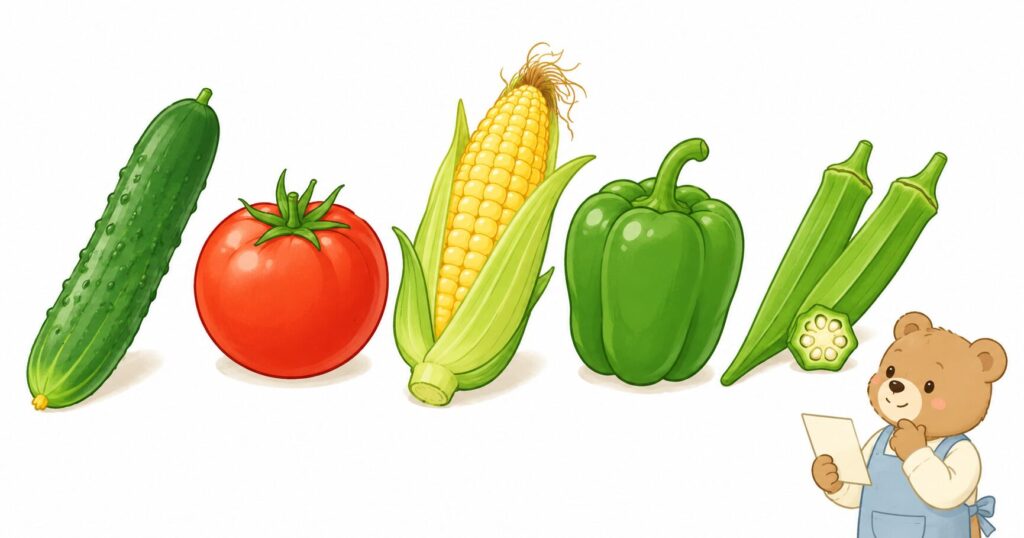 きゅうり、トマト、とうもろこし、ピーマン、オクラを並べた夏野菜クイズのイラスト