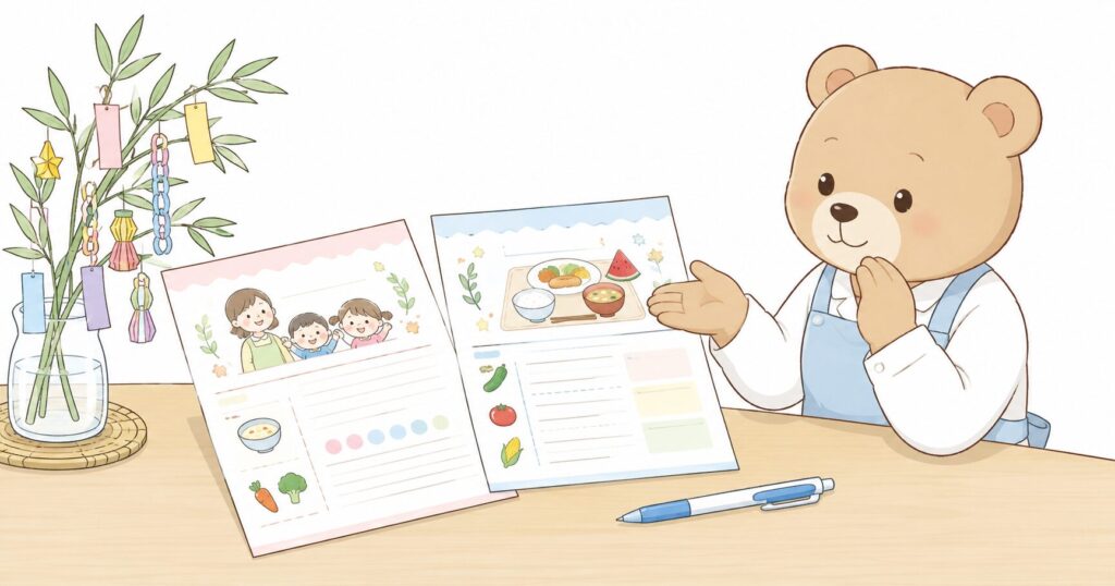 七夕のお便りを書く用紙と栄養士くまさんのイラスト