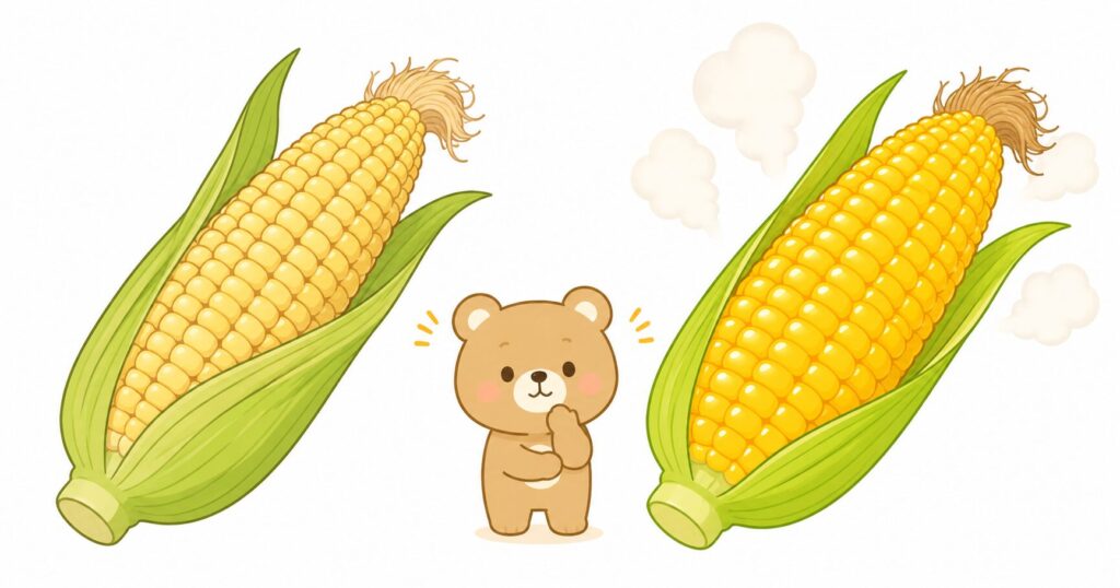 ゆでる前と後のとうもろこしを比べるイラスト