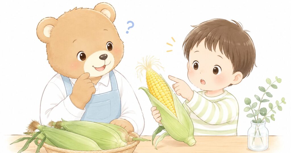 栄養士くまさんが子どもと一緒にとうもろこしを見ながら話しているイラスト