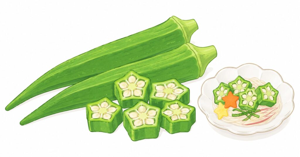 星形に見えるオクラの断面を並べたイラスト