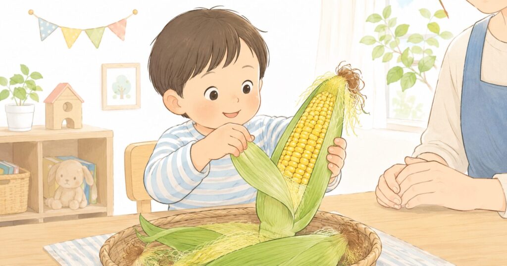 子どもの手がとうもろこしを持ち、皮をむいている様子