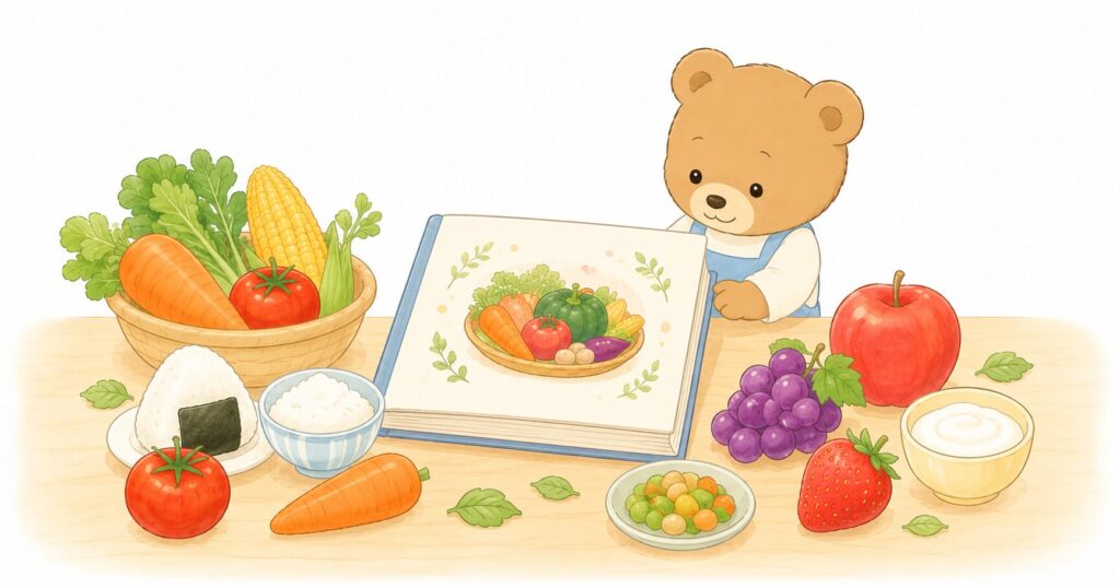 食育絵本を中心に、好き嫌い、行事食、旬の食材、親子クッキングなどのテーマをやさしく表した図解風イラスト