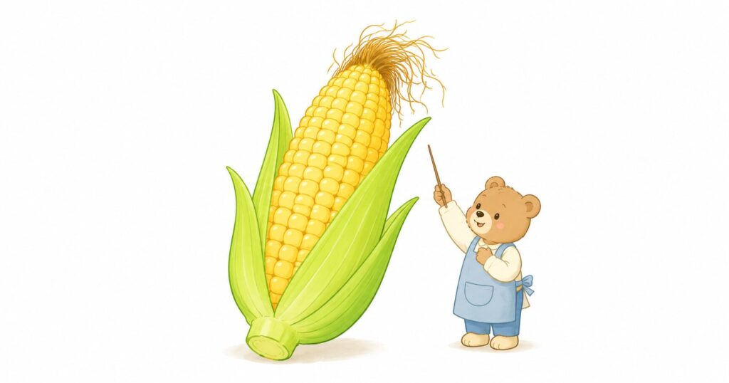 皮をむいたとうもろこしのひげと粒を観察しているイラスト