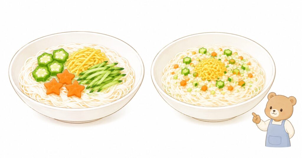 長いそうめんと短く切ったそうめんを並べた食べやすさ比較のイラスト