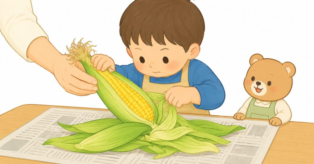 とうもろこしの皮むきをする子どもの食育イラスト