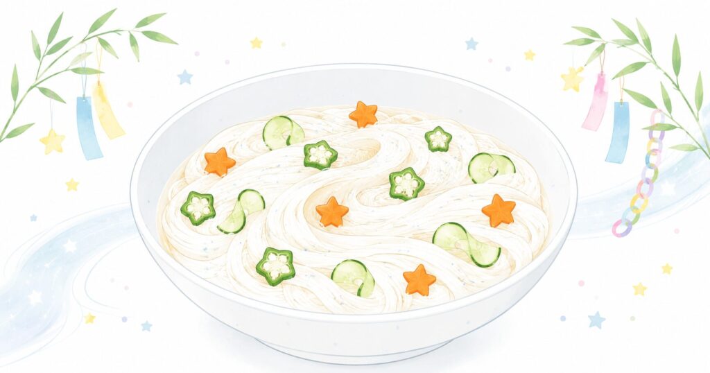 そうめんにオクラと星形野菜を添えた七夕らしいイラスト
