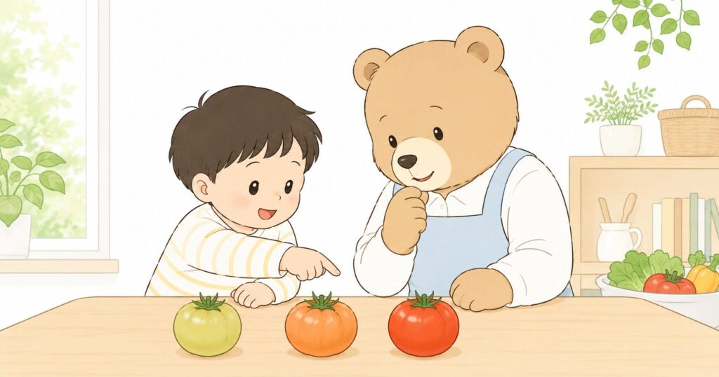 家庭のテーブルで色の違うトマトを見比べている親子のイラスト