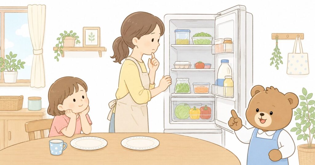夏休みの昼ごはんを考えながら冷蔵庫を見る保護者とテーブルで待つ子どものイラスト