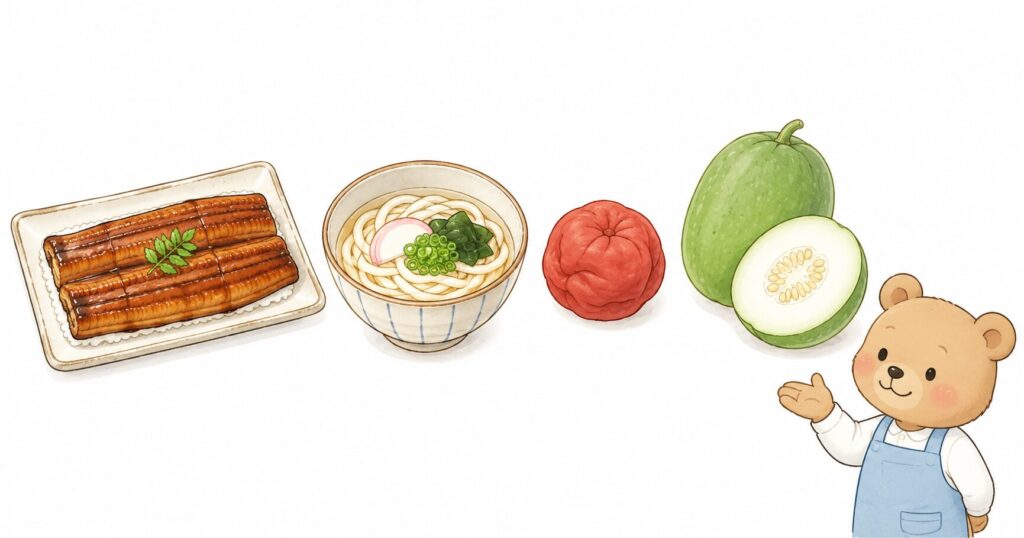 うなぎ、うどん、梅干し、うりを並べた土用の丑の日の食べ物イラスト