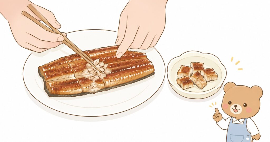 子どもにうなぎを出す前に箸で身をほぐして小骨を確認するイラスト