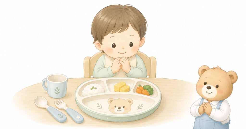 キャラクターのついた子ども用食器を見て食卓に向かう子どものイラスト