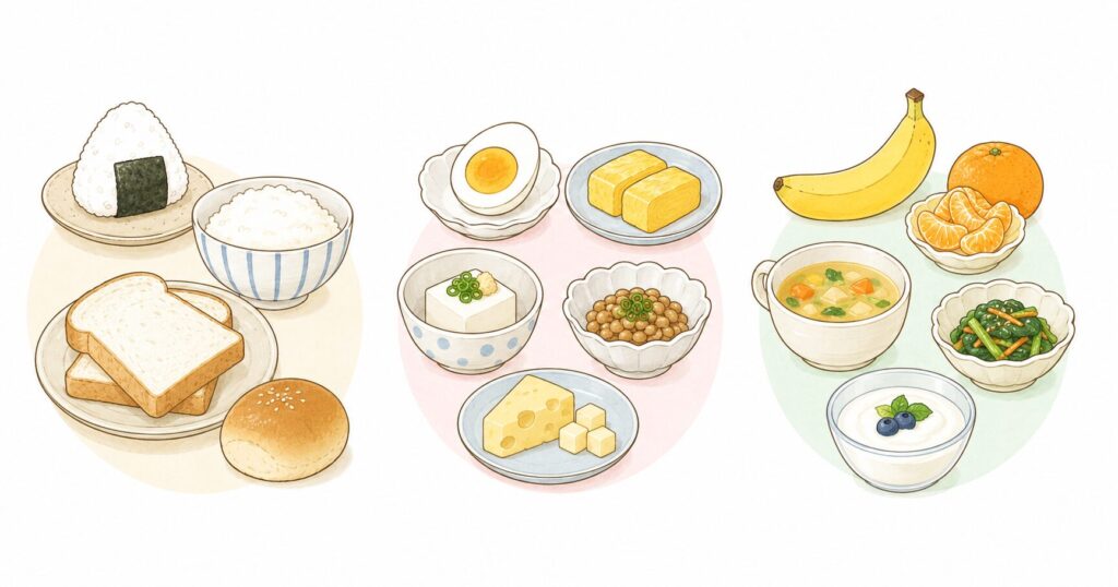 ごはんやパン、卵や豆腐、果物やスープを組み合わせた昼ごはんの考え方