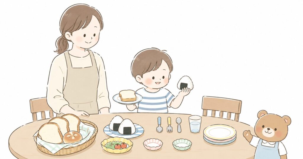 夏休みの昼ごはんでスプーンを並べる子どもと見守る保護者のイラスト