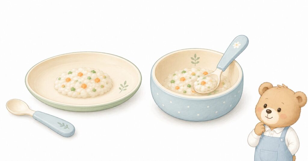 浅い皿とふちのある子ども用食器を並べてすくいやすさを比べたイラスト