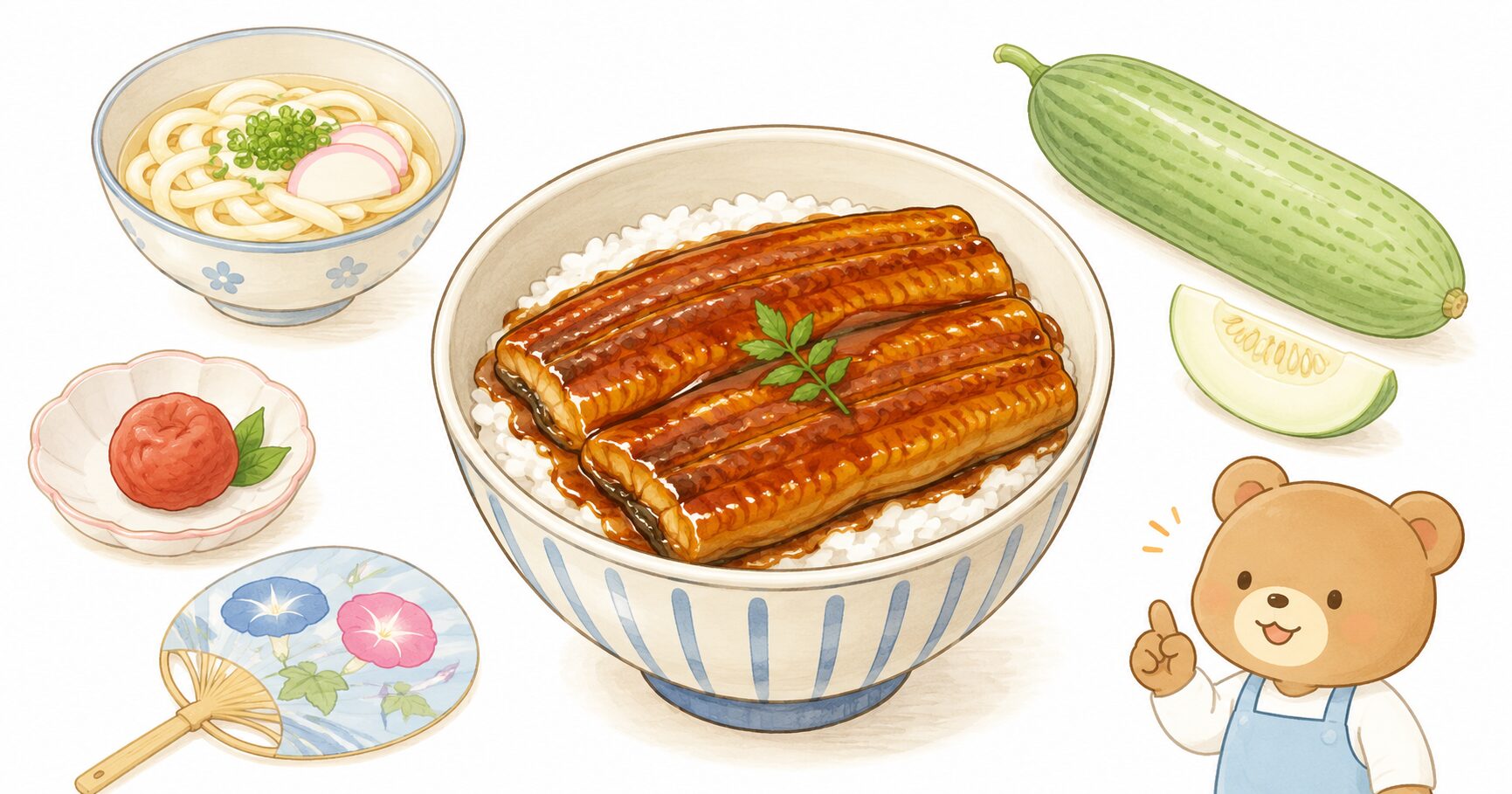 うなぎの蒲焼き、うどん、梅干し、うりと栄養士くまさんを描いた土用の丑の日のイラスト