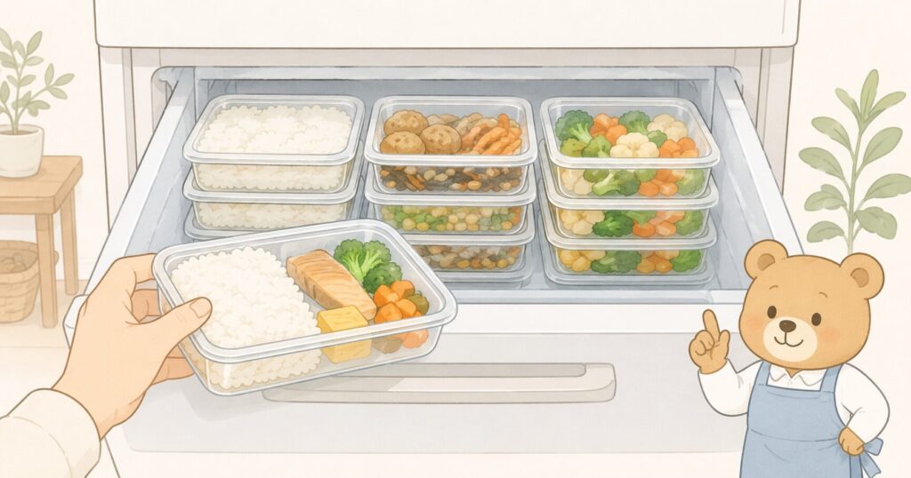 夏休みの昼ごはん用に、ごはんやおかずを保存容器へ小分けして冷凍しているイラスト